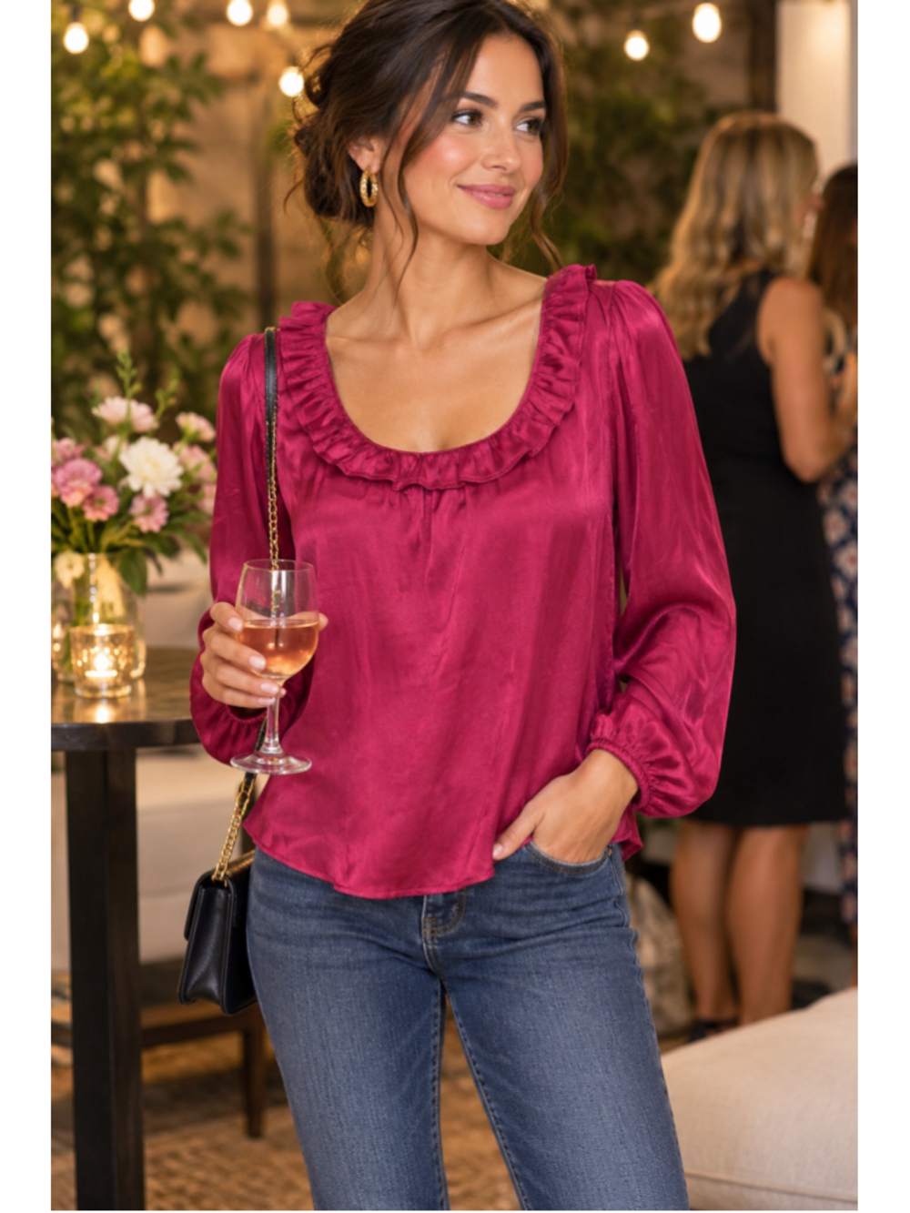 Women's J.Crew Petite SP dark pink Ruffled Long Sleeve Blouse